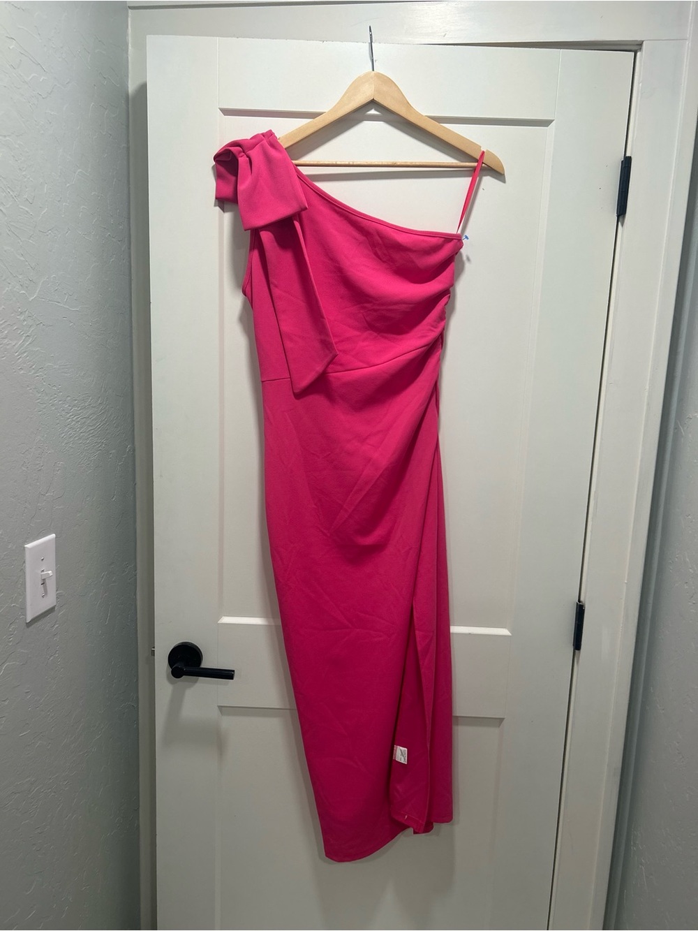 One-Shoulder Hot Pink Evening Dress with Draped Bow Detail